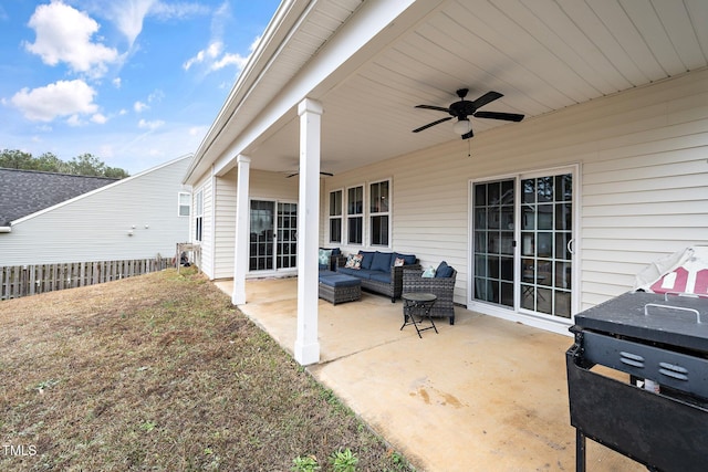 view of patio / terrace featuring an outdoor living space and ceiling fan