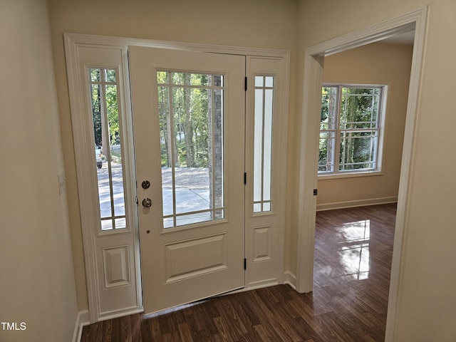 doorway with dark wood-type flooring