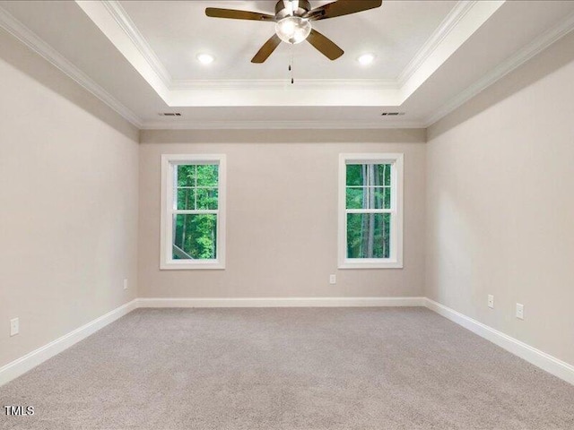 carpeted spare room featuring a raised ceiling, ceiling fan, and crown molding