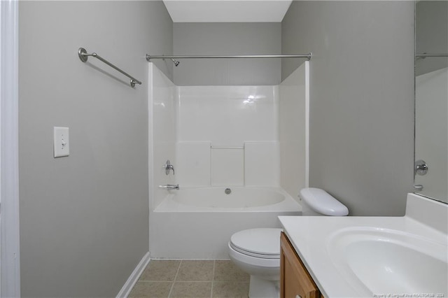 full bathroom with bathing tub / shower combination, tile patterned flooring, vanity, and toilet