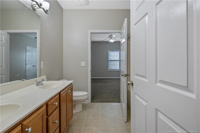 bathroom featuring tile patterned floors, ceiling fan, toilet, and vanity