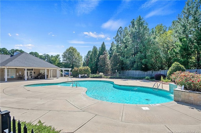 view of swimming pool featuring a patio area