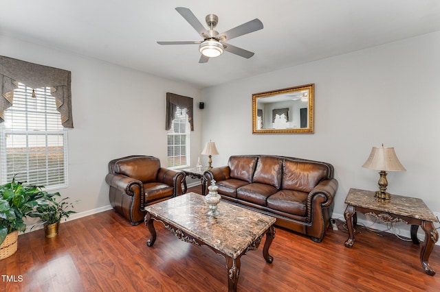 living room with ceiling fan and hardwood / wood-style flooring