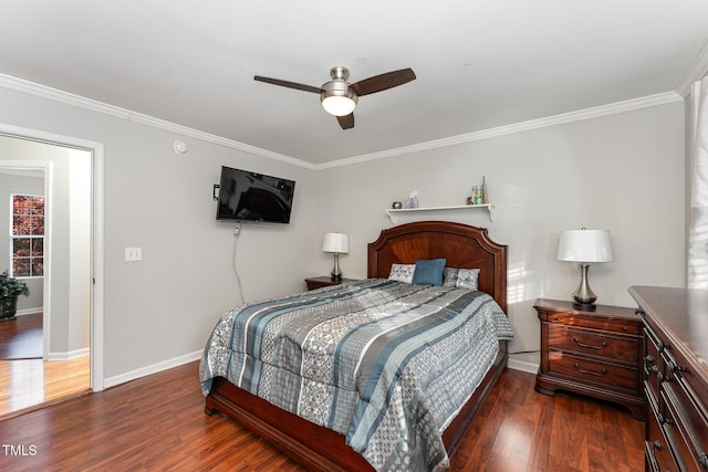 bedroom with dark hardwood / wood-style flooring, ceiling fan, and ornamental molding