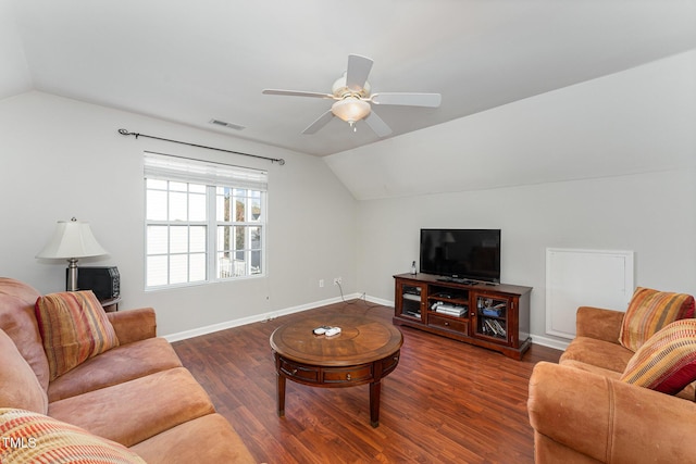 living room featuring ceiling fan, dark hardwood / wood-style flooring, and lofted ceiling