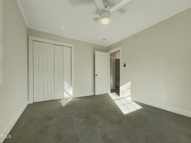 302 N Montreal Ct, Cary, NC 27511 - unfurnished bedroom featuring carpet floors, ornamental molding, a closet, baseboards, and ceiling fan