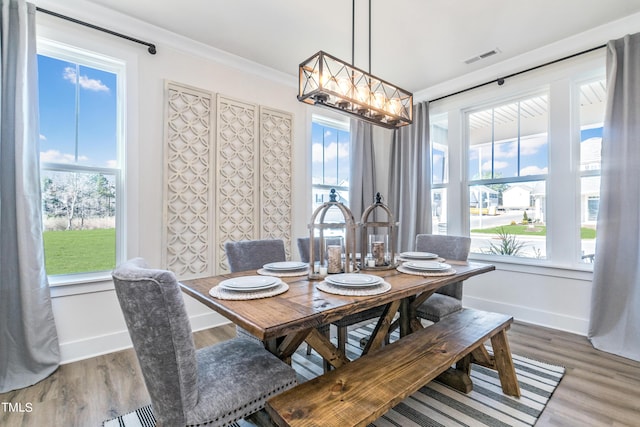 dining area with ornamental molding, a wealth of natural light, visible vents, and wood finished floors