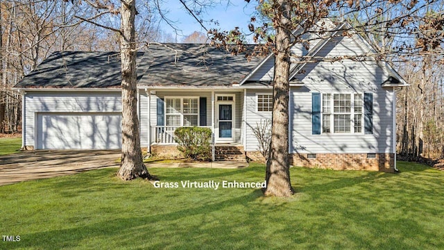 view of front facade featuring a garage, a porch, and a front lawn