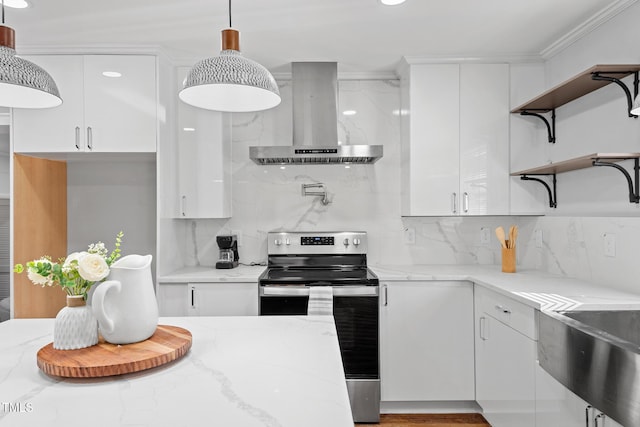 kitchen with ventilation hood, white cabinets, and stainless steel electric stove