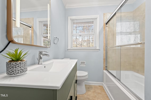 full bathroom featuring tile patterned floors, bath / shower combo with glass door, vanity, crown molding, and toilet