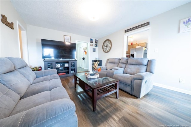 living room with a textured ceiling and hardwood / wood-style flooring