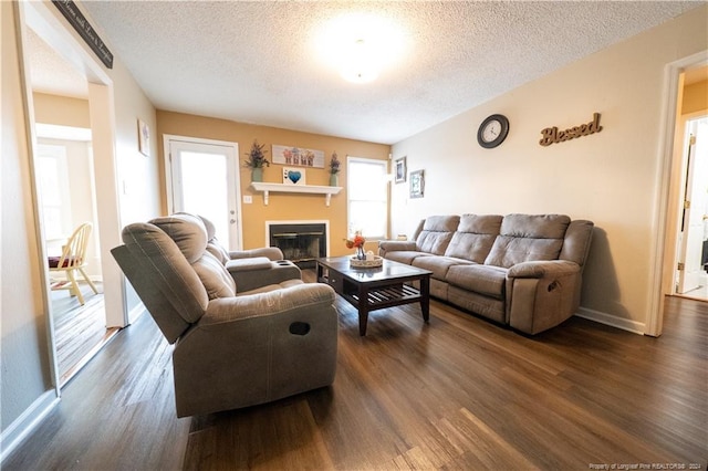 living room featuring dark hardwood / wood-style flooring and a textured ceiling