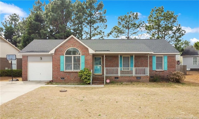 ranch-style house with driveway, covered porch, a garage, crawl space, and brick siding