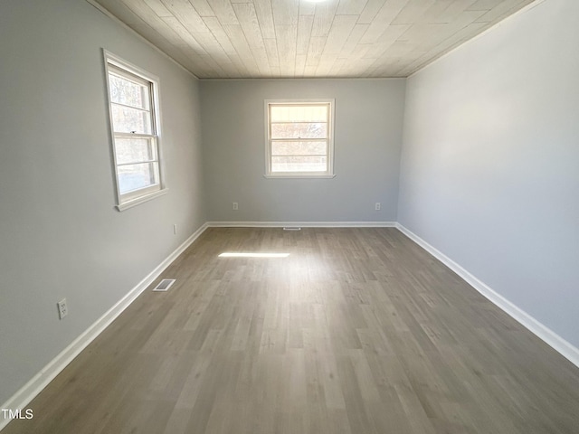 spare room featuring wood ceiling and dark hardwood / wood-style floors