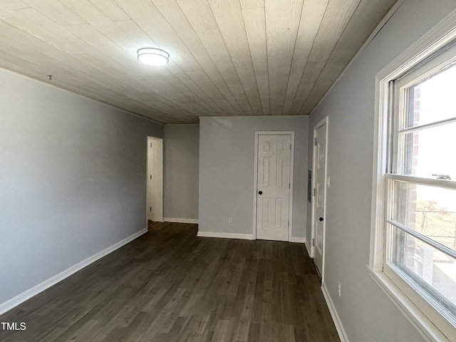 unfurnished room featuring wood ceiling and dark hardwood / wood-style floors