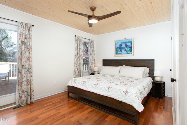 bedroom featuring hardwood / wood-style floors, ceiling fan, wood ceiling, and ornamental molding