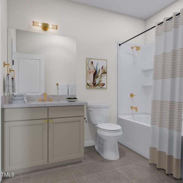 bathroom featuring tile patterned flooring, toilet, vanity, and shower / tub combo