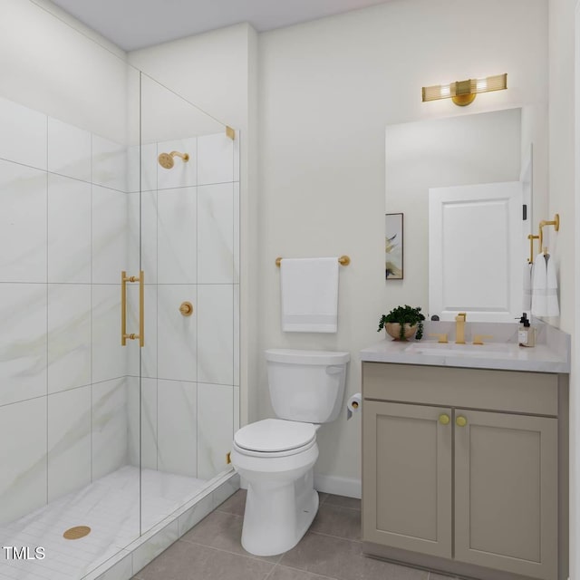 bathroom with tile patterned floors, vanity, toilet, and a shower stall