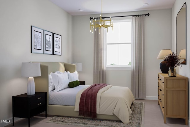 bedroom with baseboards, light colored carpet, and a chandelier