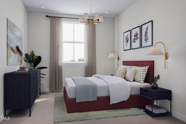 carpeted bedroom featuring baseboards, multiple windows, and a chandelier