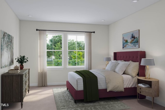 bedroom featuring recessed lighting, carpet, and baseboards