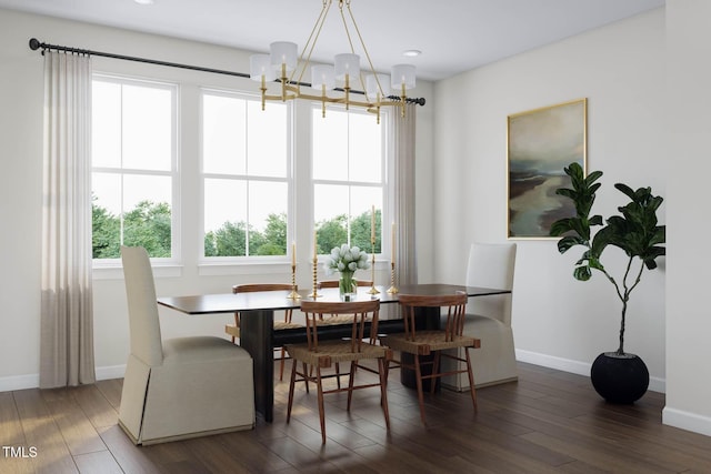 dining space featuring baseboards, an inviting chandelier, and dark wood-style flooring