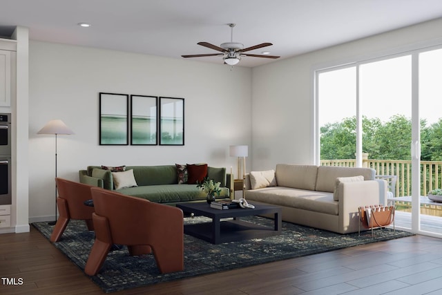 living area with wood finished floors, recessed lighting, and a ceiling fan