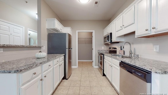 kitchen with tasteful backsplash, visible vents, appliances with stainless steel finishes, white cabinetry, and a sink