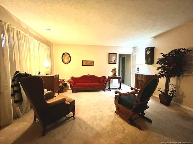 carpeted living room with a textured ceiling