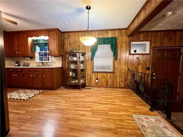 kitchen with pendant lighting, light wood-type flooring, wooden walls, and sink