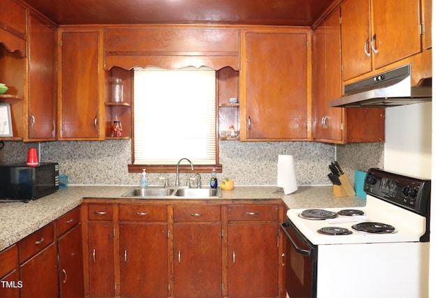 kitchen featuring backsplash, electric stove, and sink