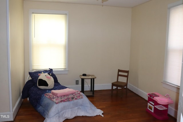 bedroom featuring multiple windows and dark wood-type flooring