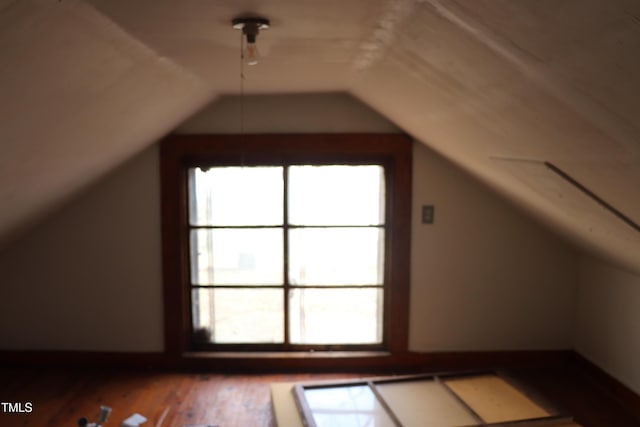 bonus room with plenty of natural light, hardwood / wood-style floors, and vaulted ceiling