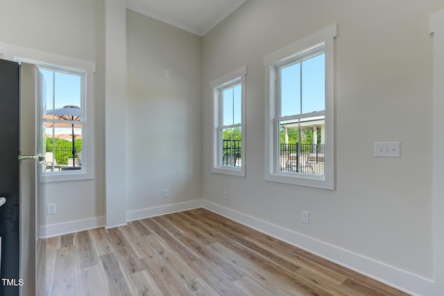 unfurnished room with plenty of natural light, light hardwood / wood-style floors, and ornamental molding