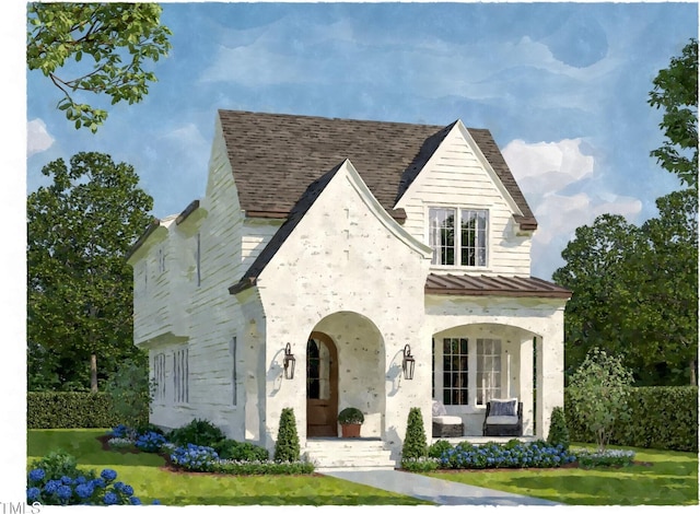 view of front of home with metal roof, a shingled roof, a standing seam roof, and a porch