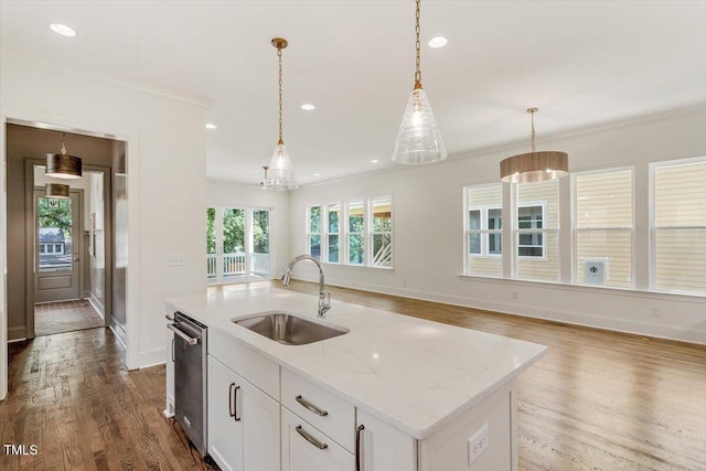 3302.5 Hall Pl, Raleigh, NC 27607 - kitchen featuring stainless steel dishwasher, ornamental molding, wood finished floors, a sink, and decorative light fixtures