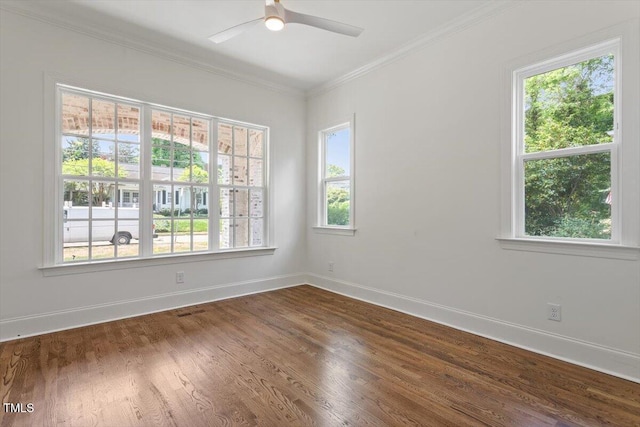 3302.5 Hall Pl, Raleigh, NC 27607 - unfurnished room featuring visible vents, ornamental molding, baseboards, ceiling fan, and dark wood-type flooring
