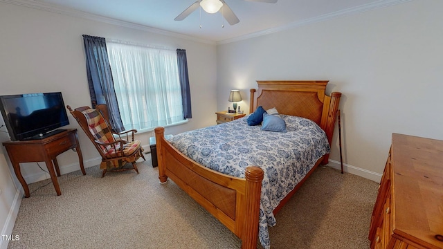 bedroom featuring carpet floors, ceiling fan, and ornamental molding