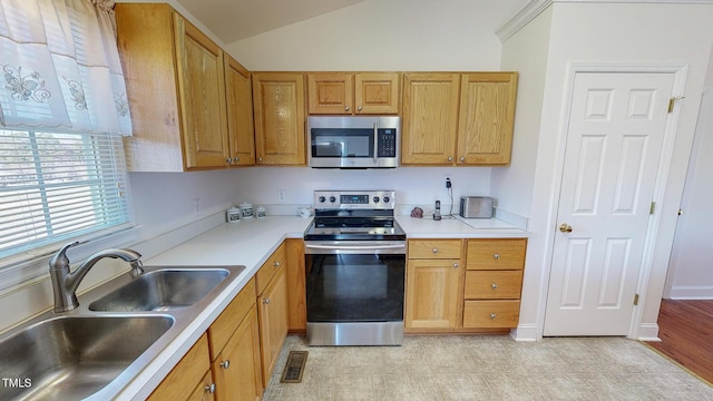 kitchen with light hardwood / wood-style flooring, sink, appliances with stainless steel finishes, and vaulted ceiling