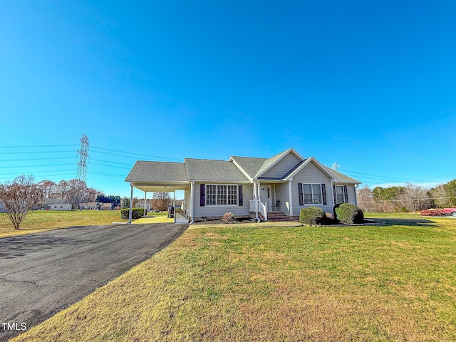 ranch-style house featuring a carport and a front yard