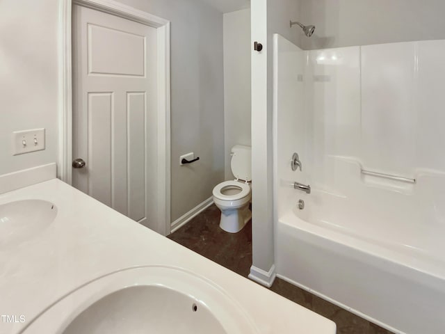 full bathroom with vanity,  shower combination, and toilet