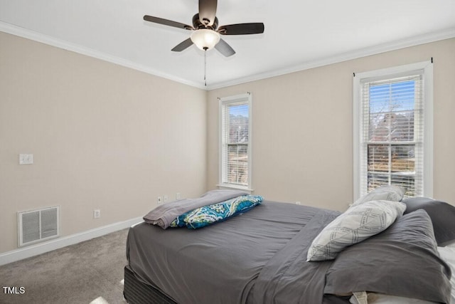 carpeted bedroom with multiple windows, ceiling fan, and crown molding