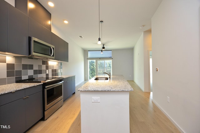 kitchen with backsplash, a kitchen island with sink, hanging light fixtures, sink, and appliances with stainless steel finishes