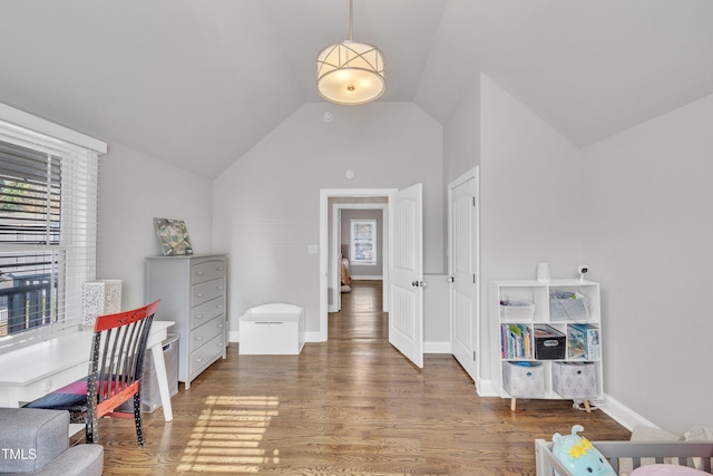 interior space with lofted ceiling and dark wood-type flooring