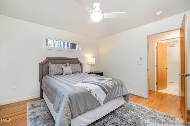 bedroom featuring light hardwood / wood-style floors and ceiling fan