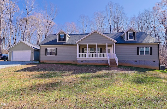 cape cod home featuring a porch, a garage, central air condition unit, and a front yard