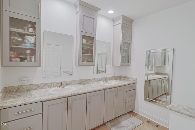 bathroom with wood-type flooring and vanity