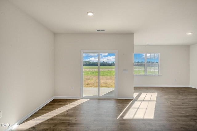 spare room with a wealth of natural light and dark hardwood / wood-style flooring