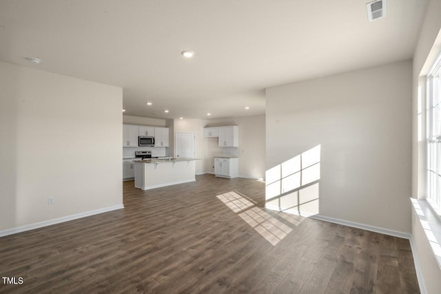 unfurnished living room featuring dark hardwood / wood-style flooring