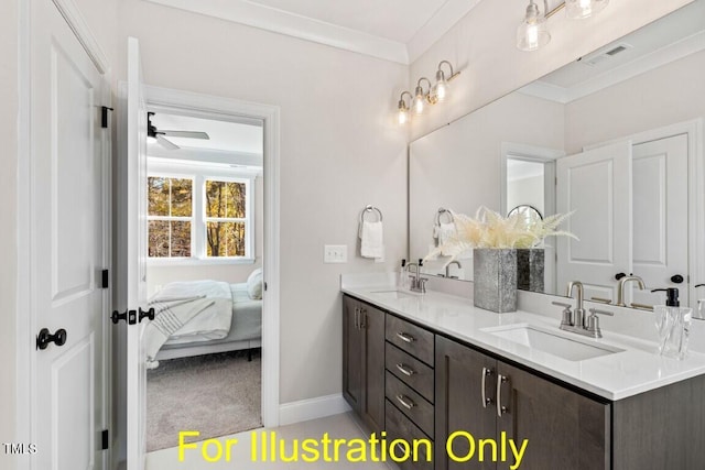 bathroom with vanity, ceiling fan, and ornamental molding